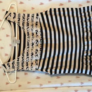 Black and cream striped dress with lace on the top